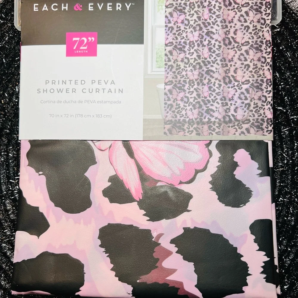 Pink Butterflies and Black Animal Print Peva Shower Curtain Textured